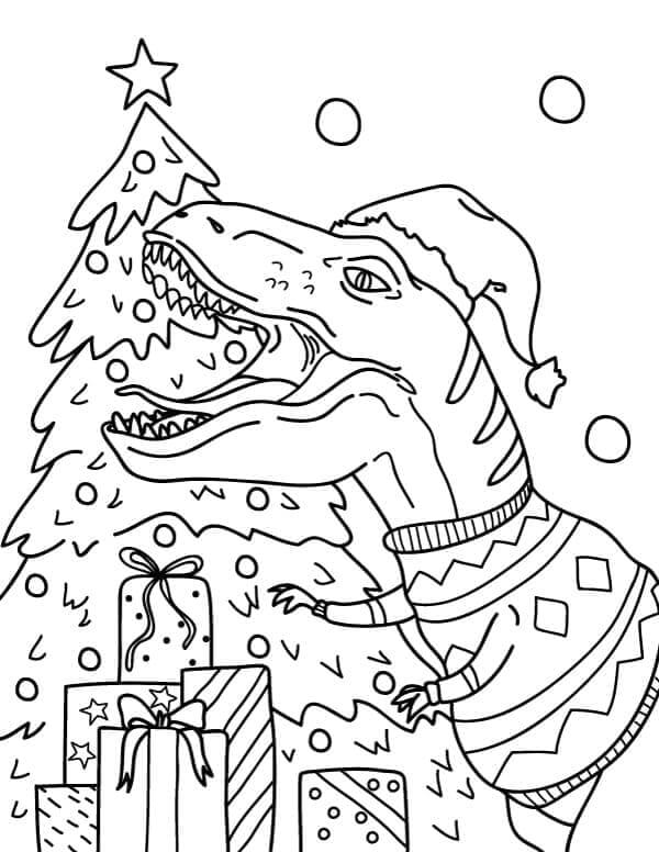T-Rex Med Gaveesker Og Juletre fargeleggingsside