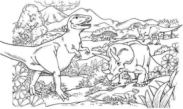 T-Rex Og Triceratops i Jungelen fargelegging