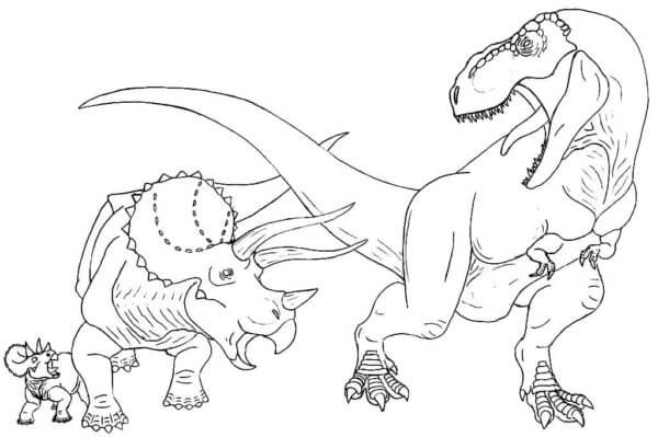 T-Rex og Mor Med Baby Triceratops fargelegging