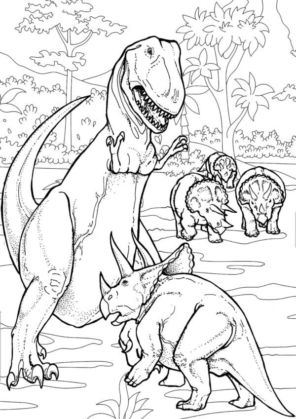 T-Rex vs Triceratop-Familien fargeleggingsside