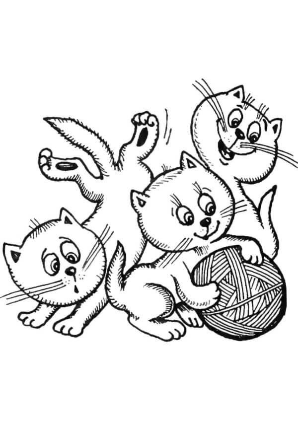 Tre Kattunger Leker Med Et Garnnøste fargeleggingsside