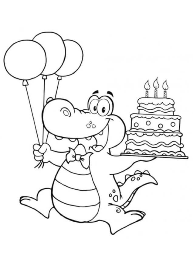 Krokodillen Bærer En Kake Og Ballonger fargeleggingsside