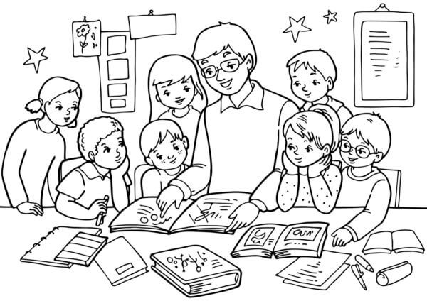 Læreren Sjekker Arbeidet Til Hvert Enkelt Barn fargelegging