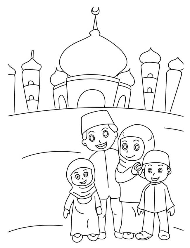 Muslimsk Familie På Bakgrunn Av Moskeen fargelegging