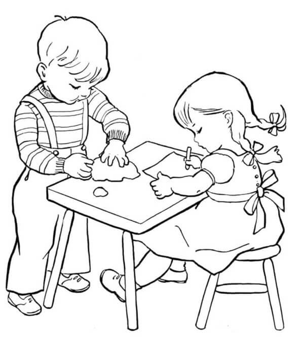 To Barn Tegner i Barnehagen fargelegging