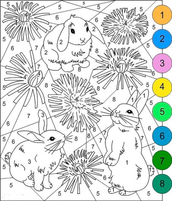 Harefamilie i Blomstereng Farge Etter Nummer fargelegging