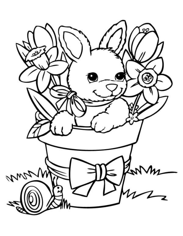 Kanin I Blomstervase Med Snegl fargeleggingsside