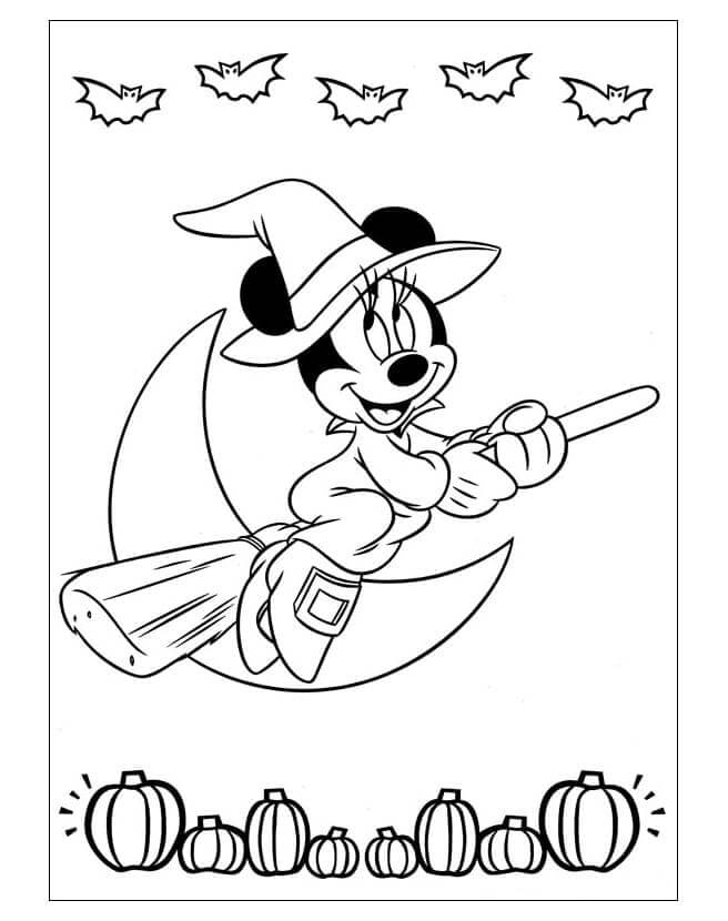 Minnie Flyr På En Halloween Kost fargelegging