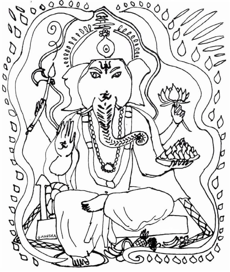 Ganesha Med Mange Gjenstander i Hendene fargeleggingsside