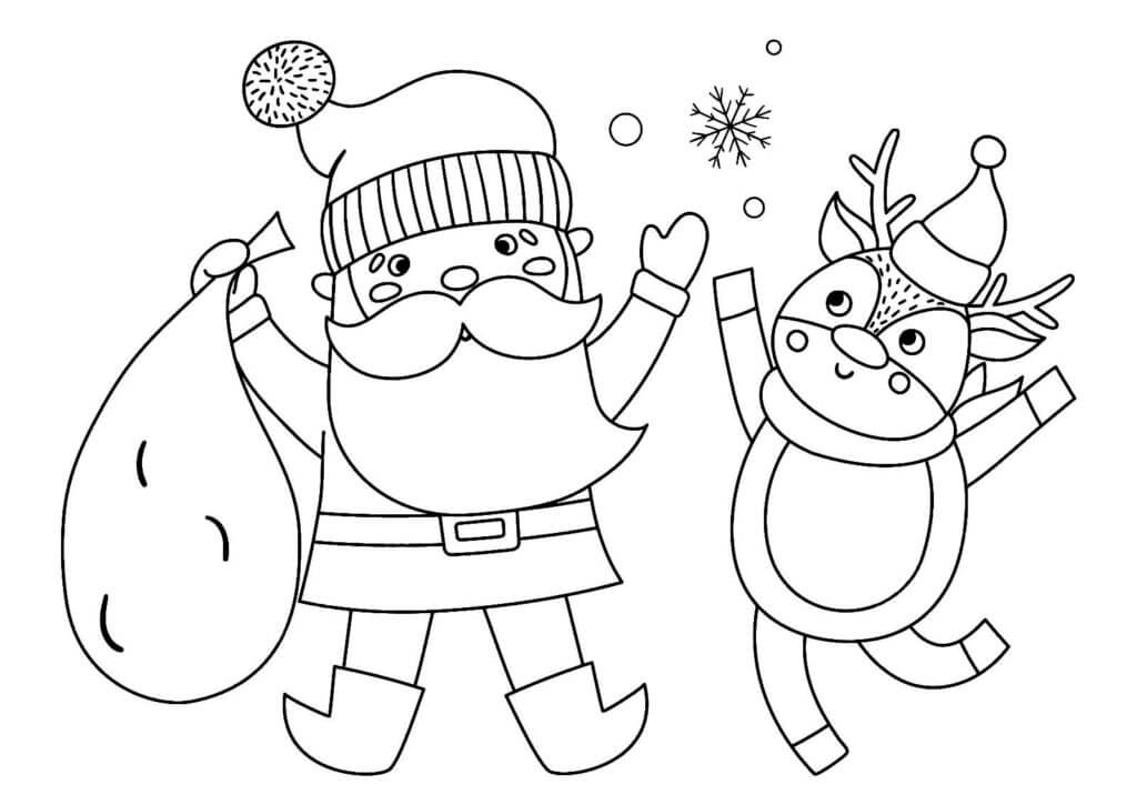 Julenissen Og Reinen Gleder Seg Over Den Første Snøen fargelegging
