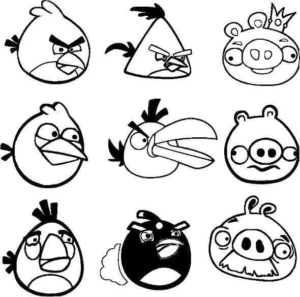 Seks Karakterer Fra Spillet Angry Birds fargelegging