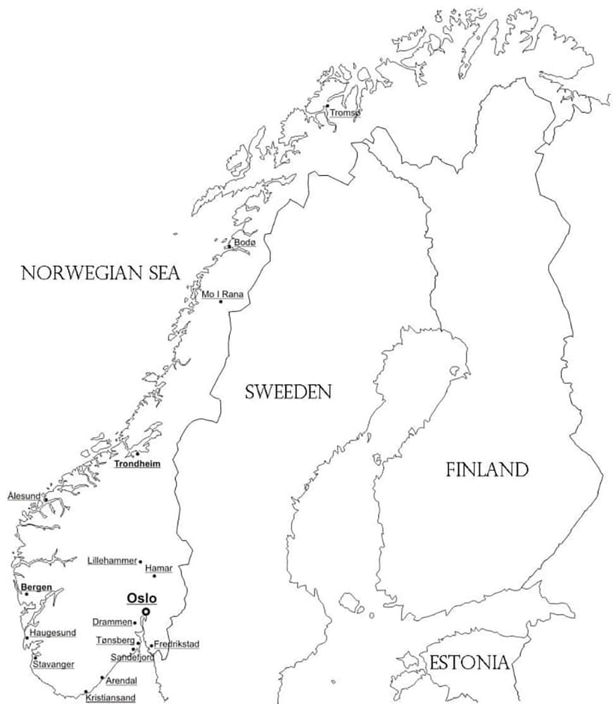 Norgeskart i Nord Europa fargeleggingsside