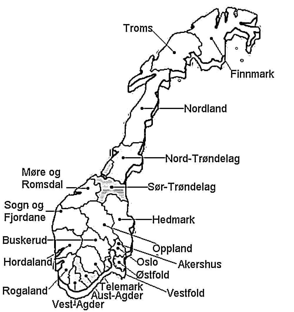 Norgeskart og dets provinser fargeleggingsside