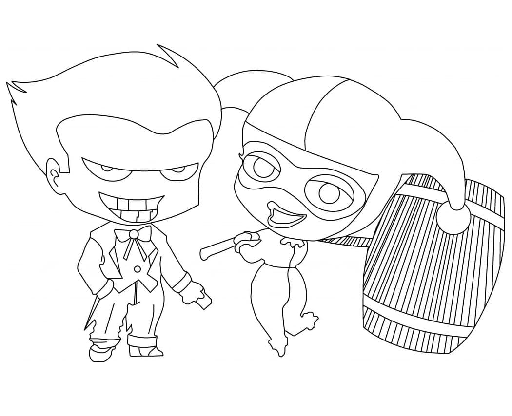 Chibi Joker og Harley Quinn fargeleggingsside