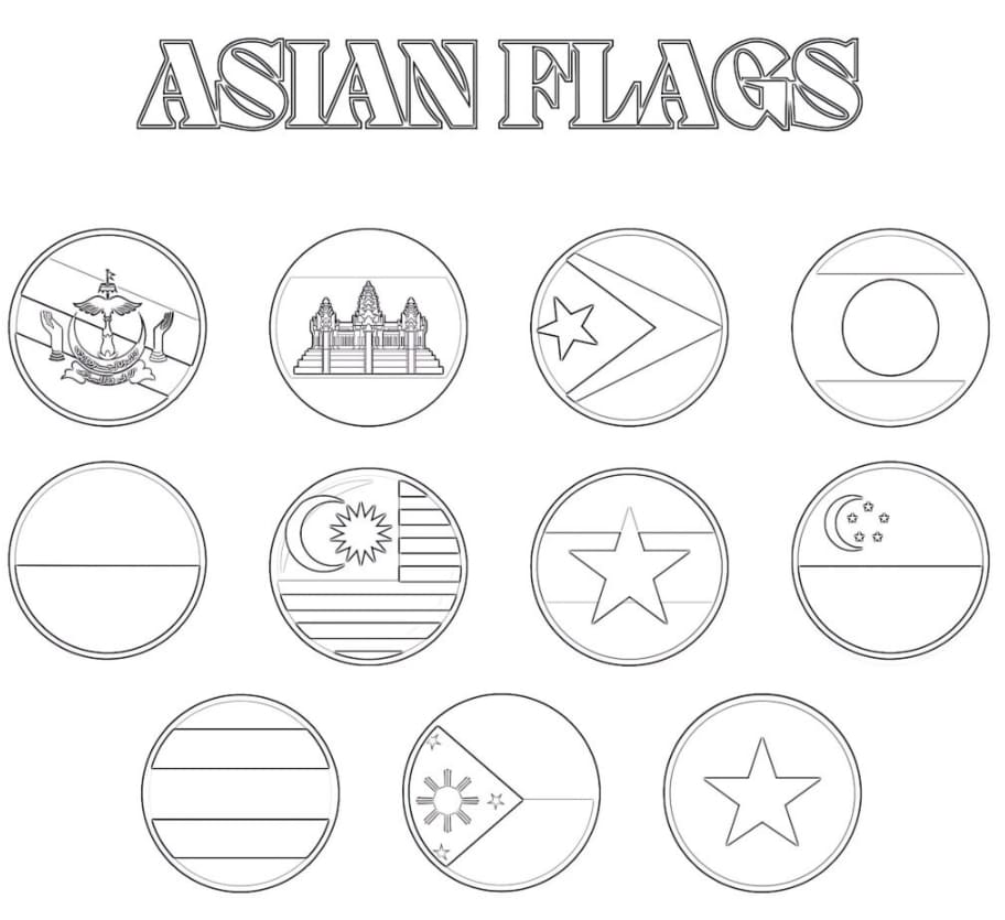 Asiatiske flagg i verden fargeleggingsside