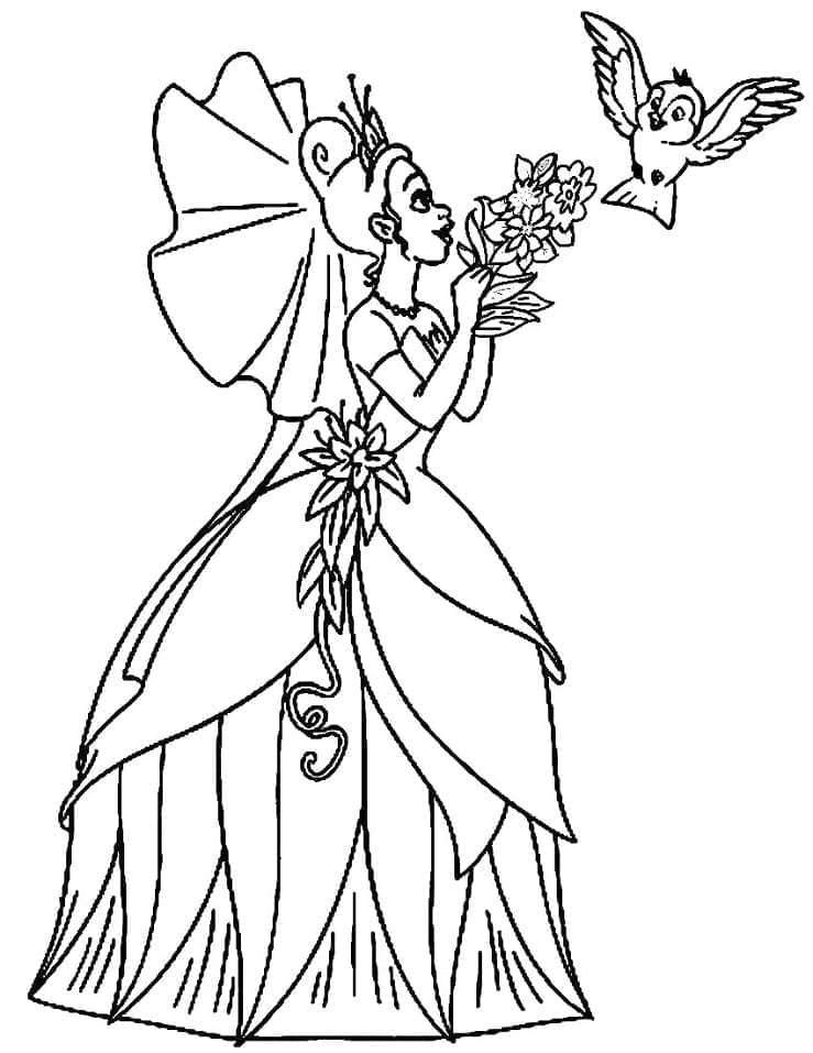 Prinsesse Tiana og en fugl fargelegging