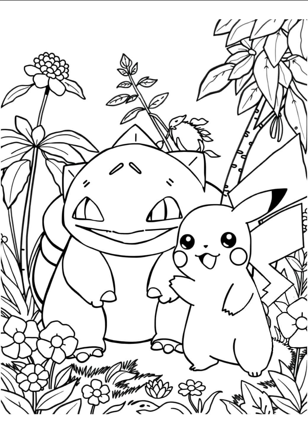 Bulbasaur og Pikachu tegneserie fargelegging