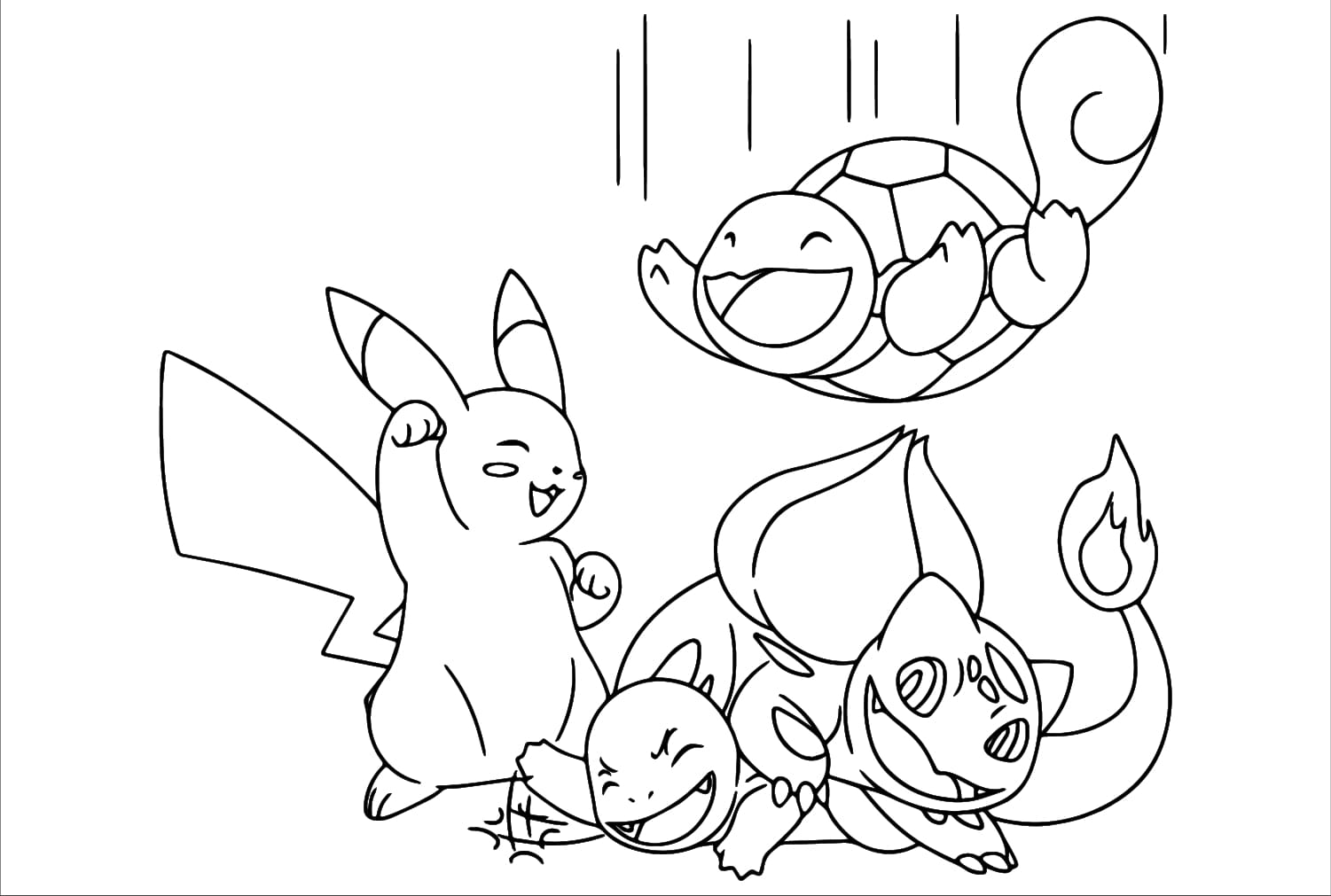 Pikachu og Squirtle, Charmander, Bulbasaur fargelegging