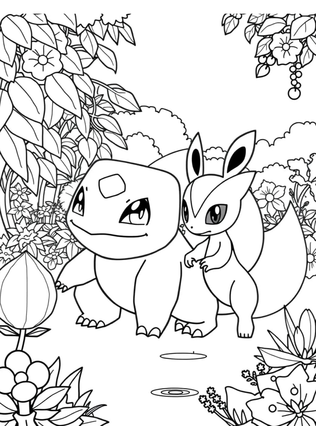 Tegneserie Bulbasaur og Mewtwo fargelegging