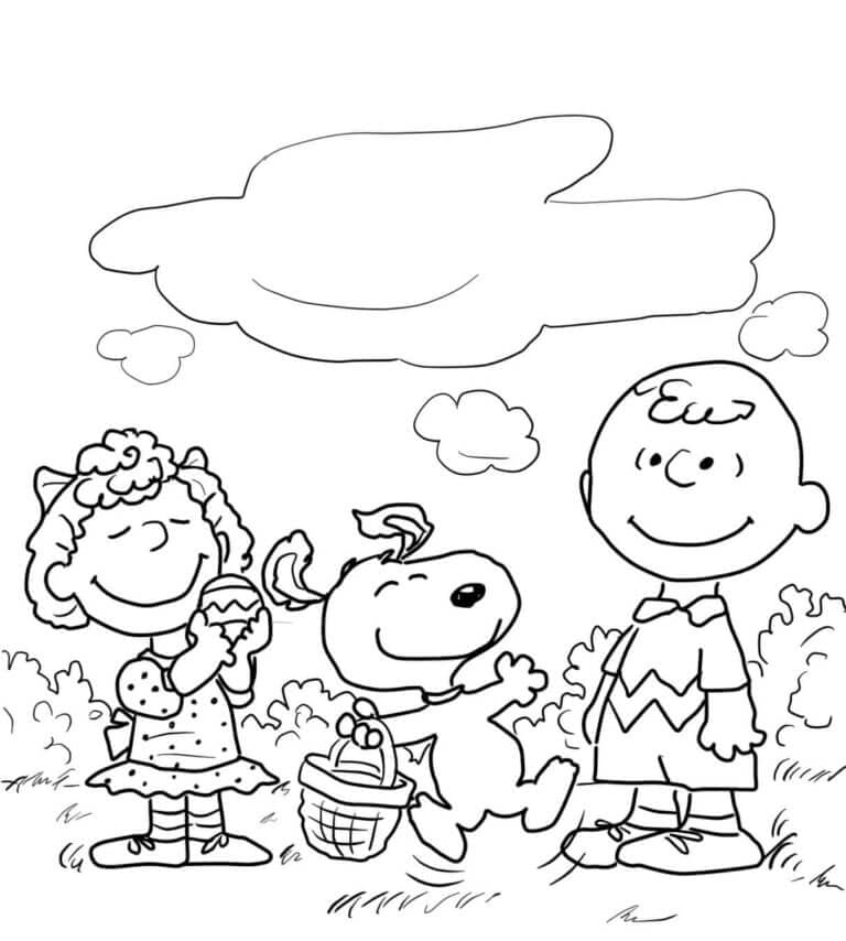Charlie, Sally og Snoopy med en kurv fargelegging