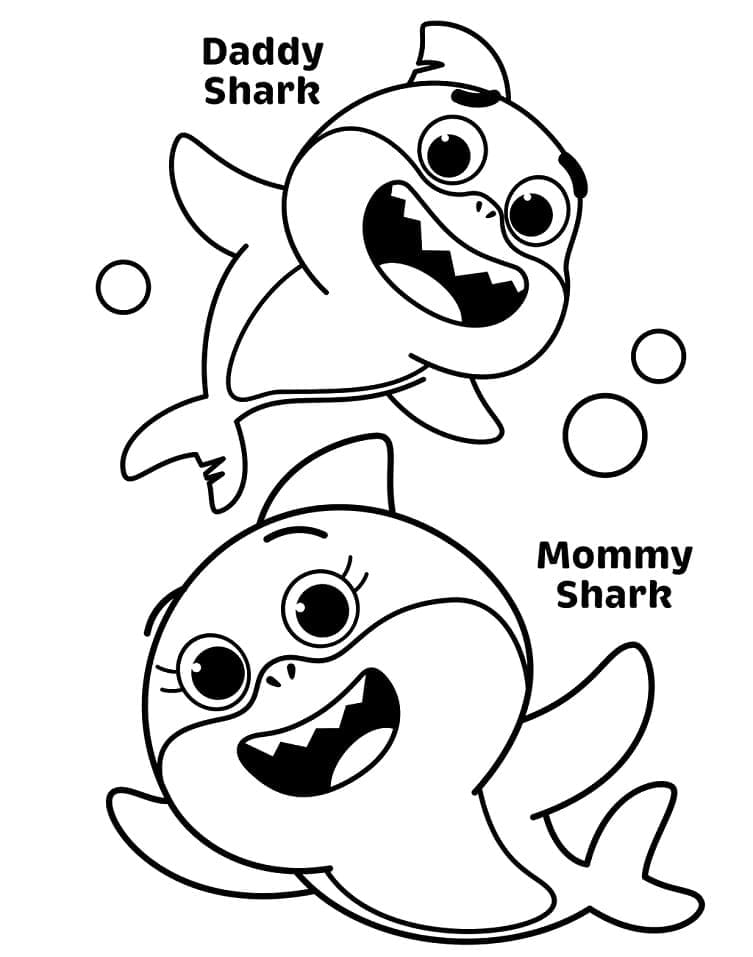 Daddy Shark og Mommy Shark fargelegging