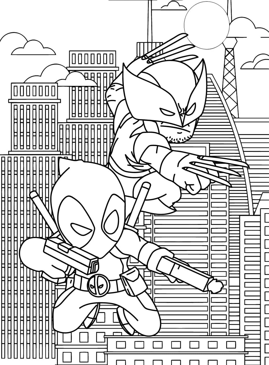 Deadpool og Wolverine flyr fargelegging
