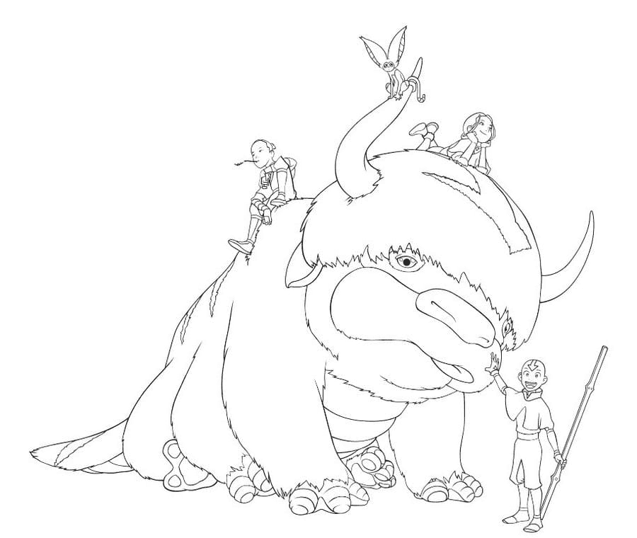 Sokka, Momo, Katara, Aang og Appa fargelegging
