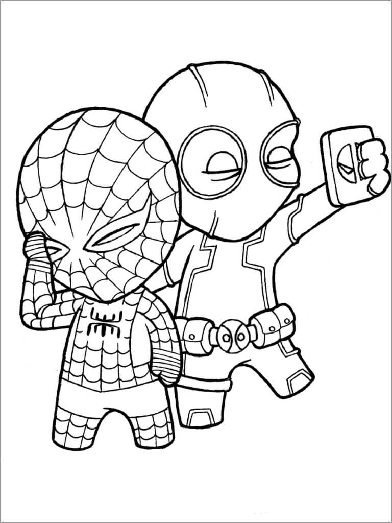 Chibi Deadpool og Spiderman-selfier fargelegging