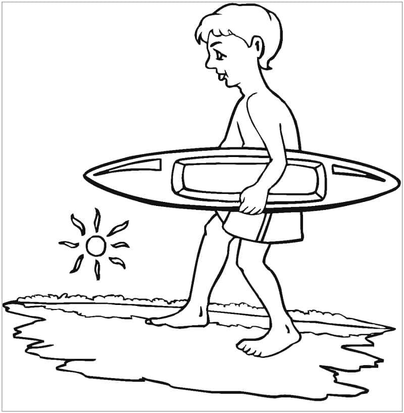 En gutt og et surfebrett fargelegging