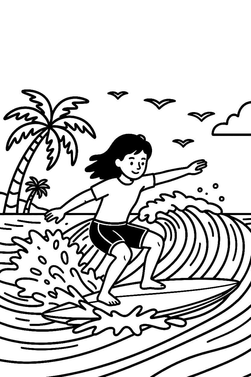 Jente som surfer fargelegging