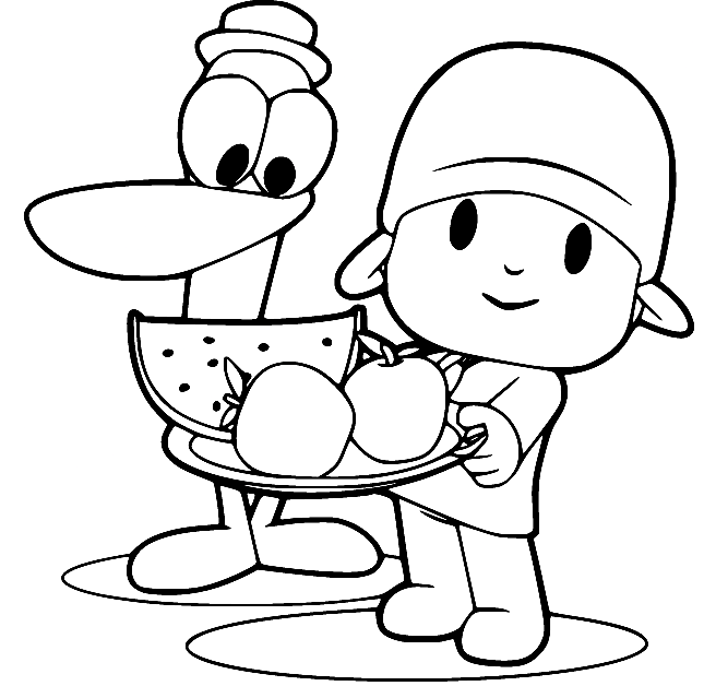 Pocoyo og Pato holder frukt fargelegging