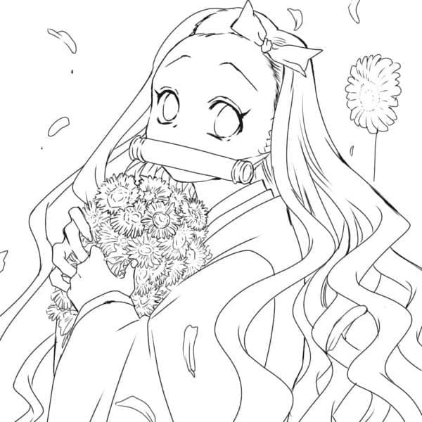 Nezuko med blomst fargelegging