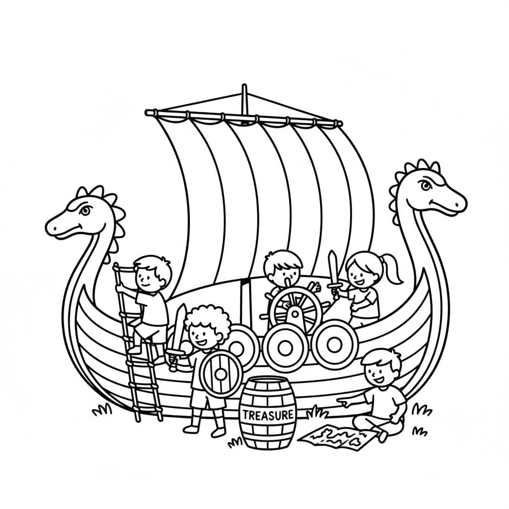 Barn som leker rundt vikingskipet fargelegging