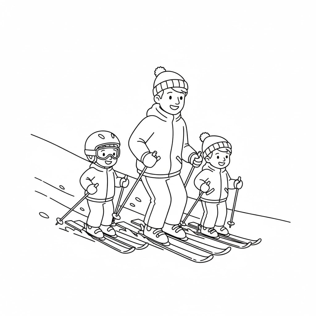 Familie på ski sammen fargelegging