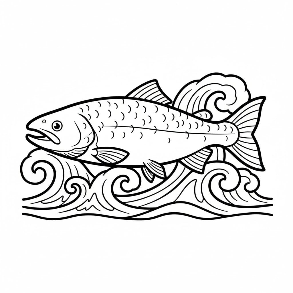 Laksen svømmer med bølgene fargelegging