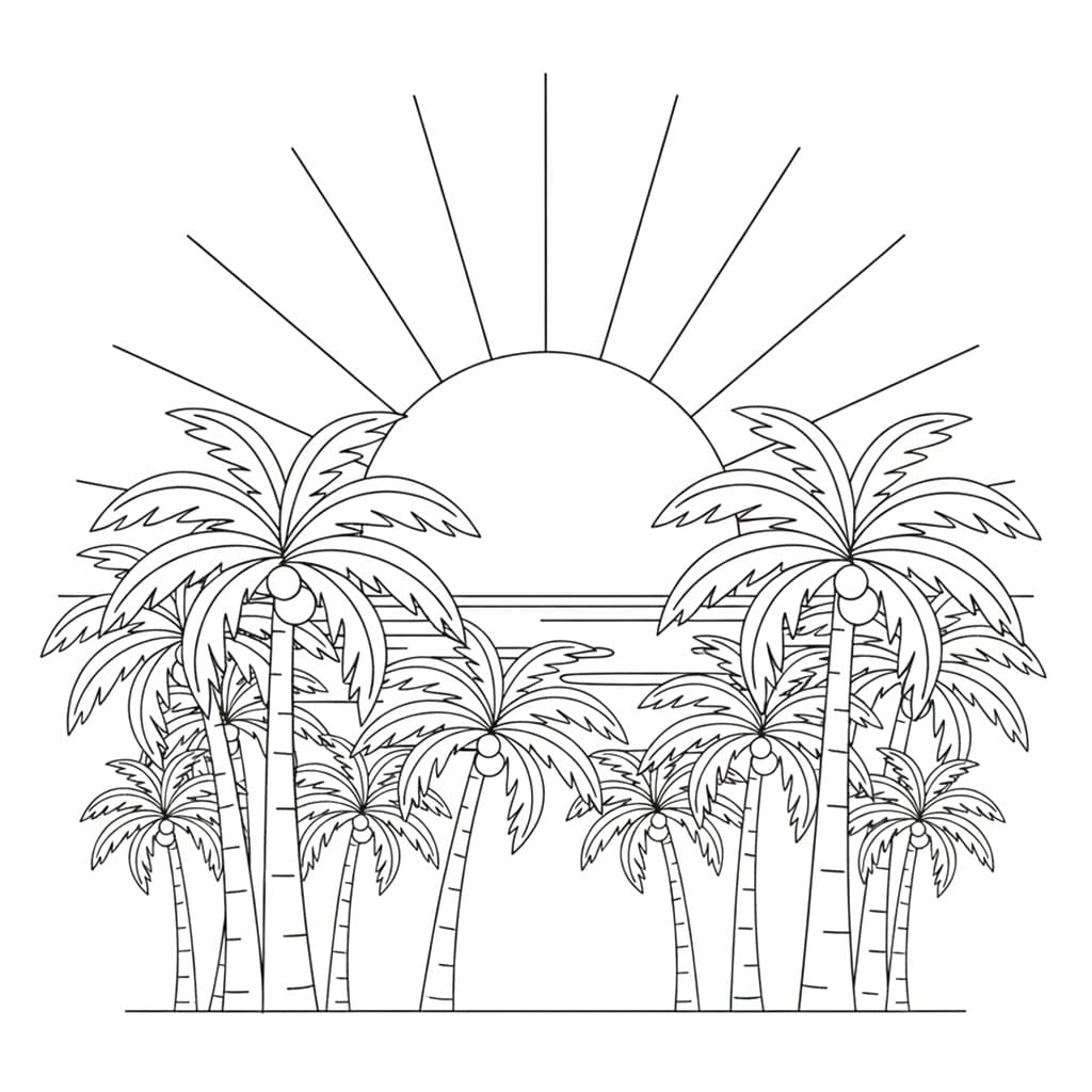 Mange palmetre og solnedgang fargelegging