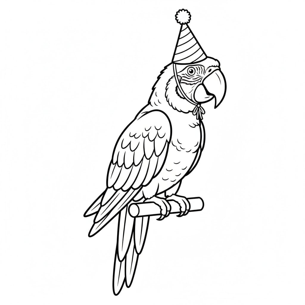 Papegøye i bursdagshatt fargelegging