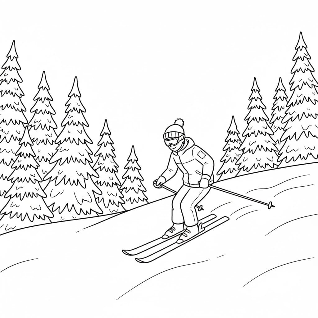 Skikjøring i nærheten av furuskoger fargelegging