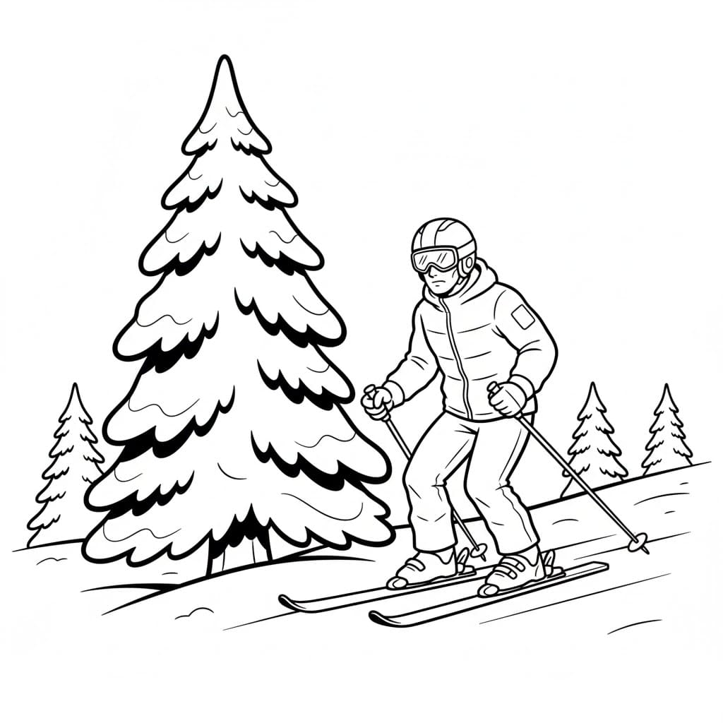 Skikjøring nær furutreet fargelegging