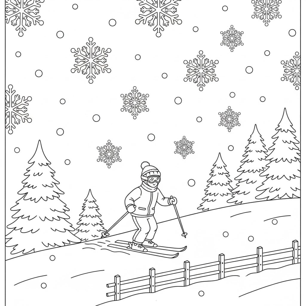 Skikjøring under snøfnuggene fargelegging