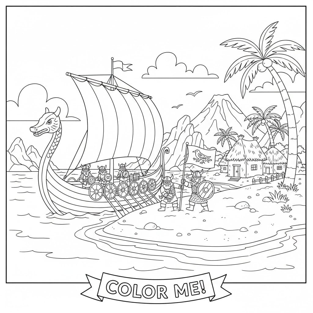 Vikingskip besøker liten øy fargelegging