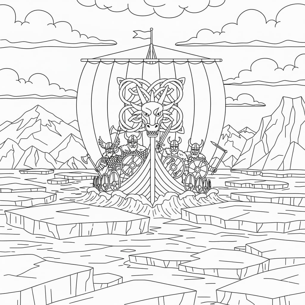 Vikingskip blant isfjell fargelegging