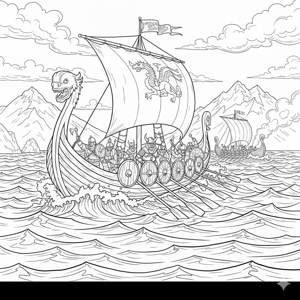 Vikingskip i kamp fargelegging