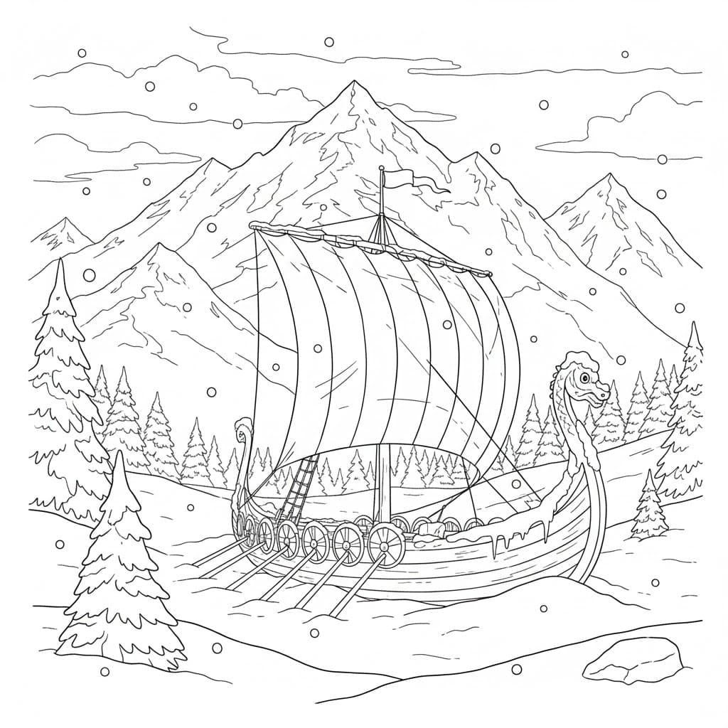 Vikingskip i snøen fargelegging