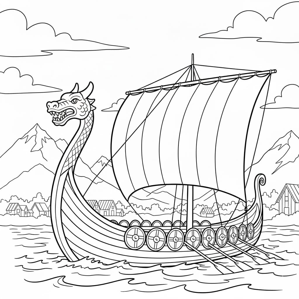 Vikingskip med seil fargelegging