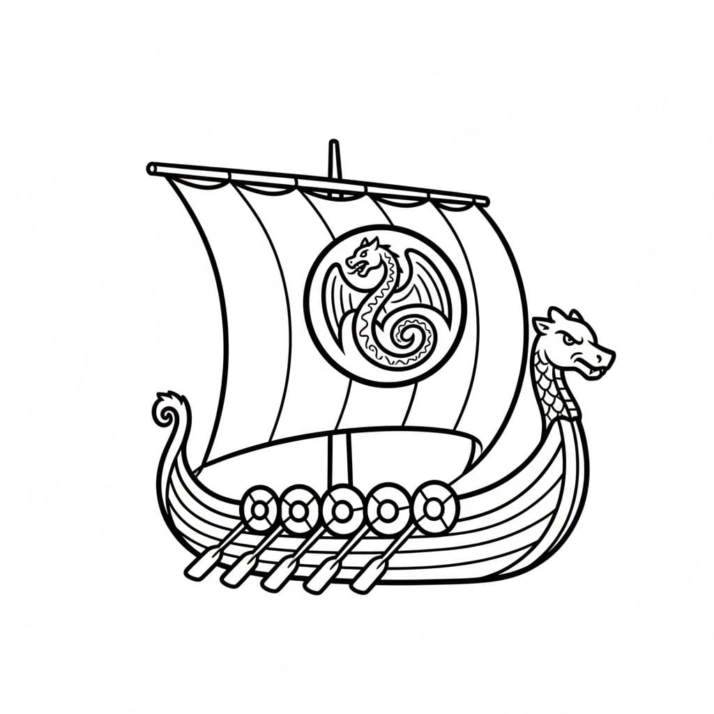 Vikingskip med seil og dragesymbol fargelegging