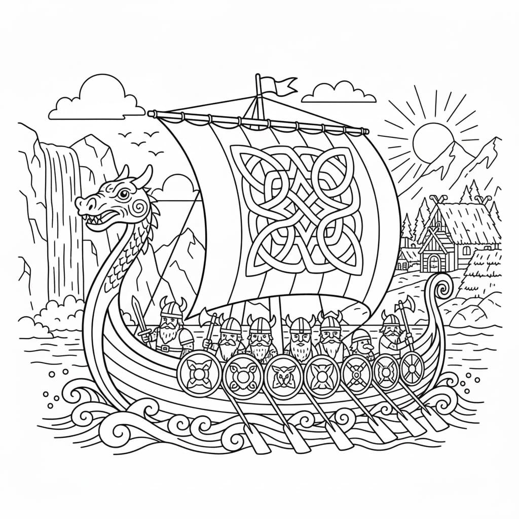 Vikingskip og solen fargelegging