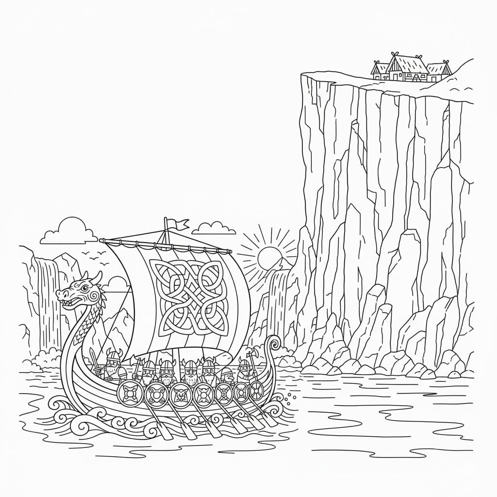 Vikingskip på klippen fargelegging