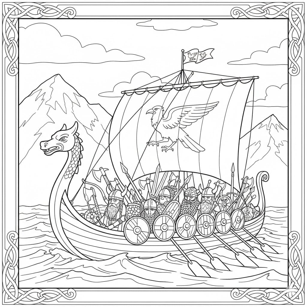 Vikingskip som bærer våpen fargelegging