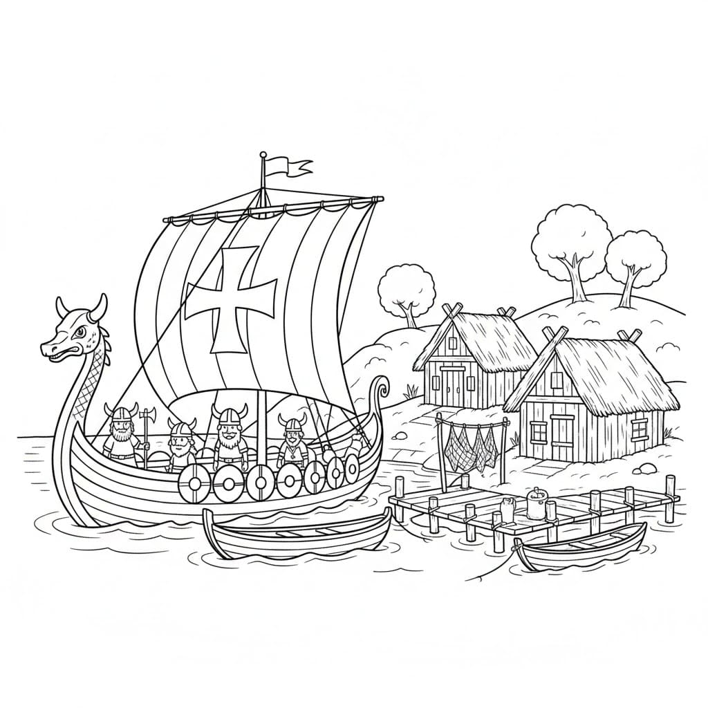 Vikingskip ved fiskeværet fargelegging